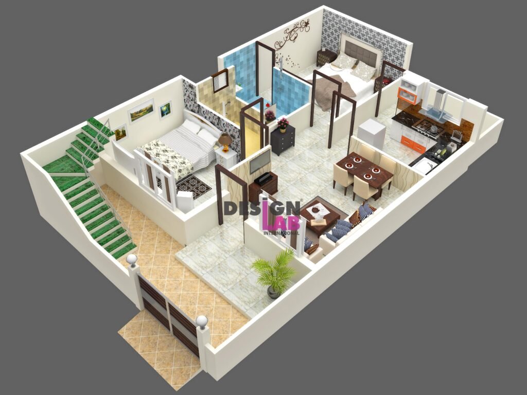 2 bhk plan in 1000 sq ft with stair