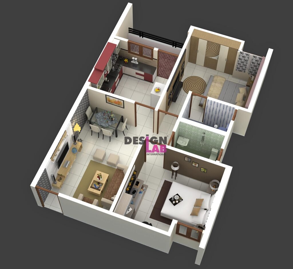 2 bhk plan in 800 sq ft 3d